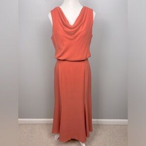 YL by Yair light orange 100% silk sleeveless drape neck midi dress, size 10.